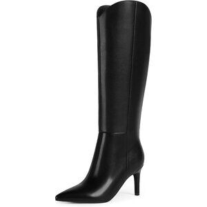 Women Black Faux Leather Pointed Toe Tall  Stiletto High Heel Zipper Dress Boots